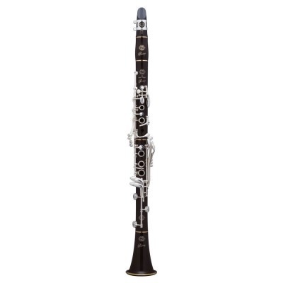 Clarinete em madeira escura com partes metálicas prateadas