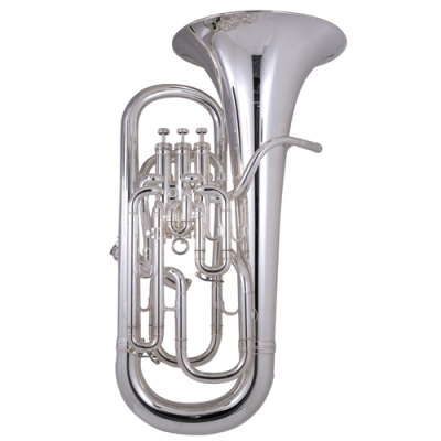 Instrumento de metal prateado com válvulas e tubos enrolados