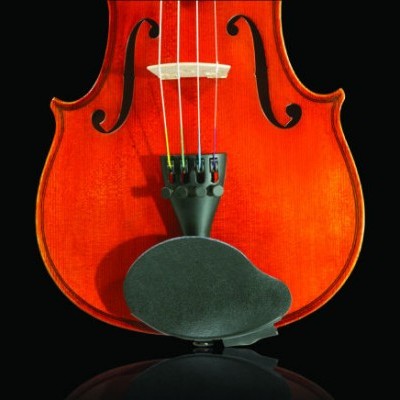 Parte inferior de um violino castanho avermelhado com queixeira preta.