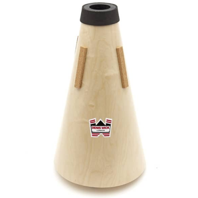 Abafador de metal em madeira clara com etiqueta Denis Wick London