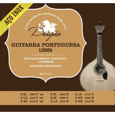 Embalagem de encordoamento para guitarra portuguesa Dragão Lisboa com texto e detalhes das cordas