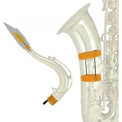 Saxofone prateado com almofadas laranja