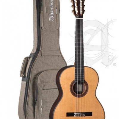 Violão clássico com corpo em madeira clara ao lado de estojo cinza Alhambra