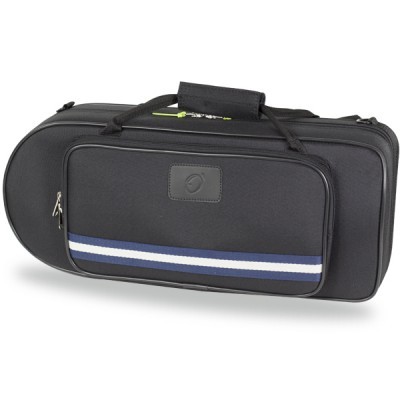 Mala preta com bolso frontal e riscas azul e branca para transporte de instrumentos.