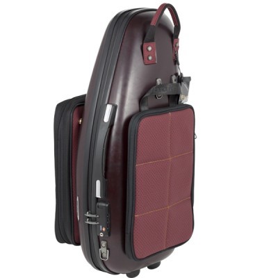 Estojo rígido castanho escuro com bolsa frontal vermelha e alça