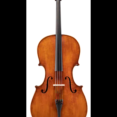 Violoncelo de madeira castanha claro com partes negras e cordas metálicas