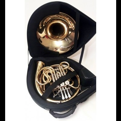 Trompa dourada em estojo preto aberto