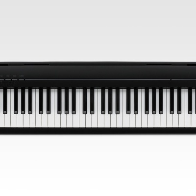 Piano digital preto com teclas brancas e pretas e controlos no topo