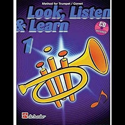 Capa de livro de método para trompete com ilustração de trompete amarelo sobre fundo roxo