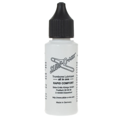 Frasco branco com tampa preta de lubrificante para trombone Slide-O-Mix