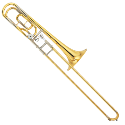 Trombone dourado com partes em prata, acabamento brilhante