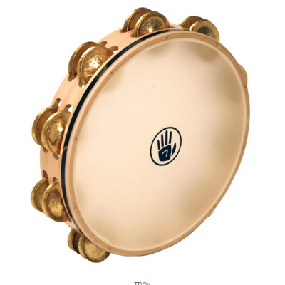 pandeireta de madeira clara com pele sintética e címbalas douradas