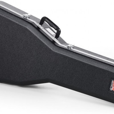 Estojo rígido preto para guitarra com alça e fechos metálicos