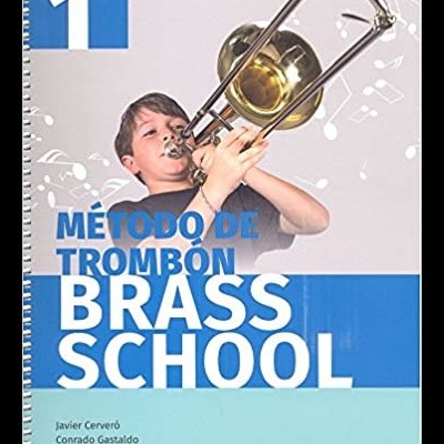 Capa de livro Método de Trombón Brass School com menino a tocar trombone.