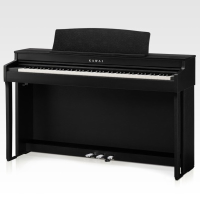 Piano digital preto KAWAI com teclas brancas e pretas e três pedais