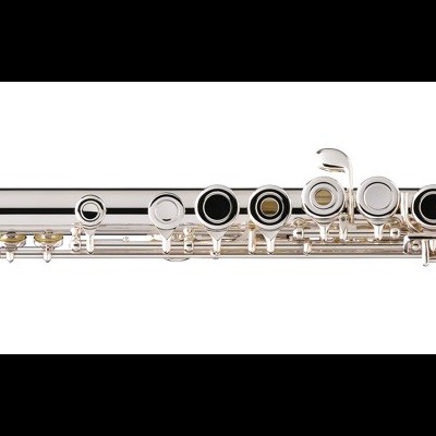 Flauta transversal prateada com chaves pretas sobre fundo branco