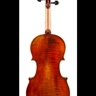 Violino em madeira castanha com acabamento brilhante visto de costas