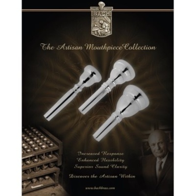 Cartaz de coleção de boquilhas Bach para instrumentos de sopro com texto e imagem de homem