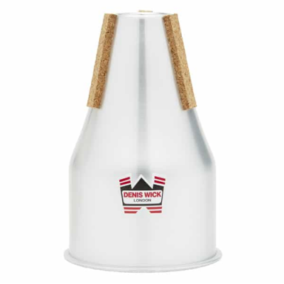 Surdina de metal prateado para trompete com corteças castanhas e logótipo DENIS WICK LONDON