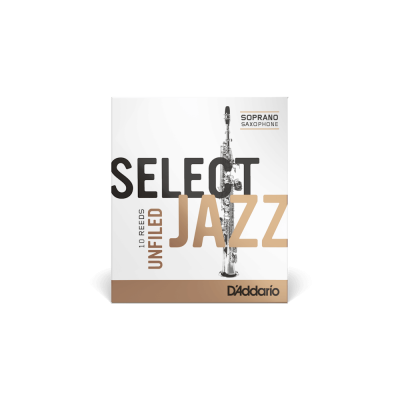 Embalagem branca de palhetas para saxofone soprano com texto e imagem do instrumento