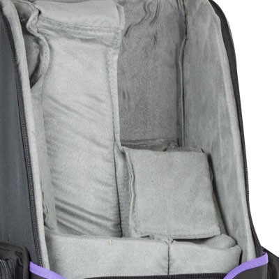 Mala ou mochila acolchoada cinzenta para equipamento fotográfico com detalhes roxos