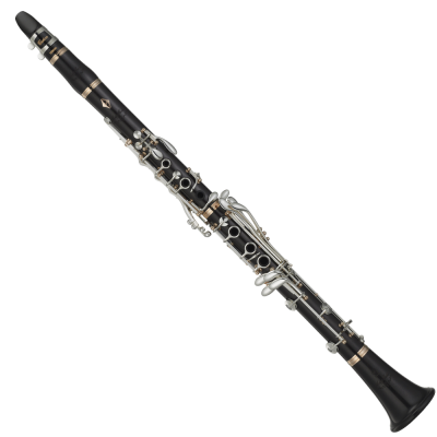 Clarinete preto com detalhes metálicos e texto Yamaha