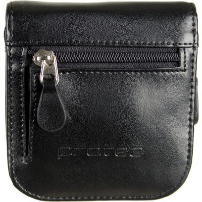 Carteira preta com zíper prateado e logo protec