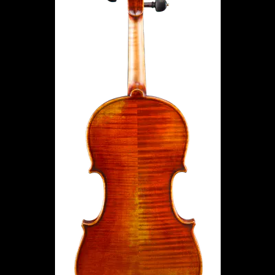Violino de madeira castanho-avermelhado visto da parte de trás