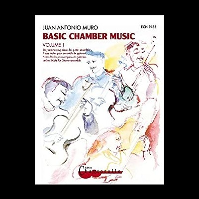 Capa do livro Basic Chamber Music Volume 1 com desenhos de músicos a tocar instrumentos de corda