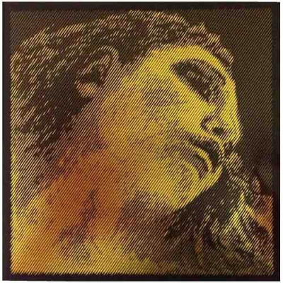 Retrato artístico de rosto feminino em tons amarelos e castanhos com textura de linhas diagonais