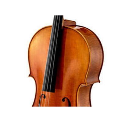 Violino em madeira castanho claro com braço e cravelhas pretas