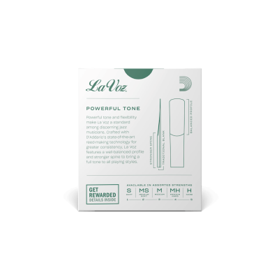 Embalagem branca e verde do produto La Voz com texto e ilustração.