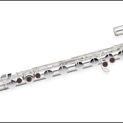 Flauta transversal metálica prateada sobre fundo branco