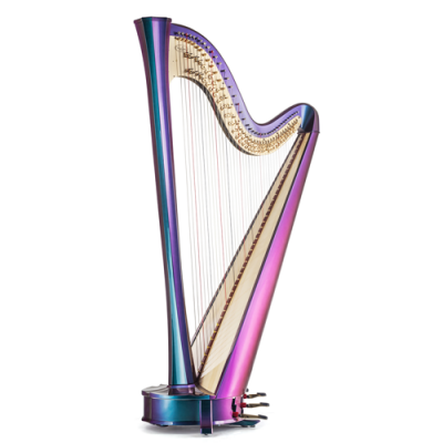 Harpa metálica em tons azul, roxo e rosa com cordas e pedal