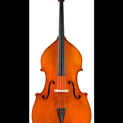 Contrabaixo acústico em madeira castanha clara, quatro cordas, fundo preto