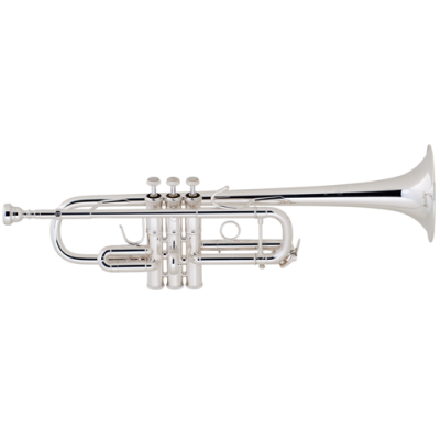 Trompete prateado com três pistões sobre fundo branco