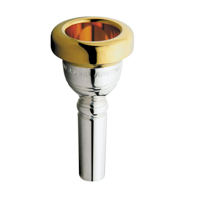 Cálice de bocal para instrumento de sopro em metal prateado com rebordo dourado