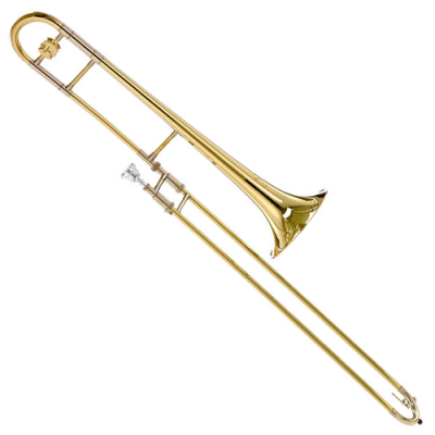 Trombone dourado com boquilha prateada sobre fundo branco