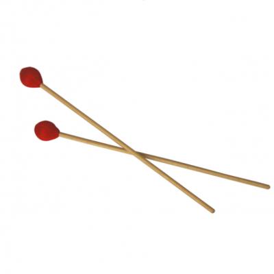 Duas baquetas cruzadas com cabos de madeira e cabeça vermelha