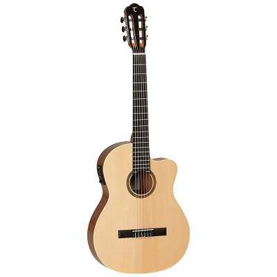 Guitarra acústica de madeira clara com braço escuro e 6 cordas.