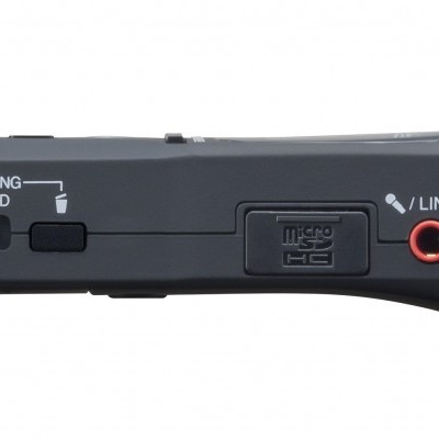 Gravador portátil de áudio preto vista lateral com botões e entradas