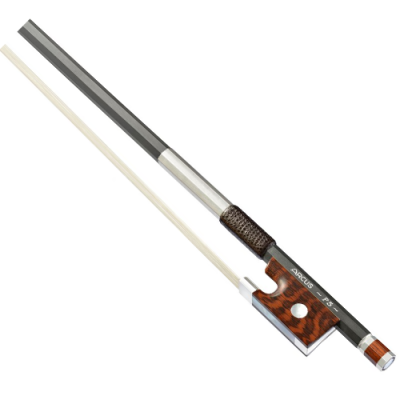 Arco de violino com empunhadura preta e madeira castanha com padrão riscado