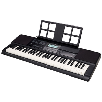 Teclado musical electrónico preto e branco com suporte para partituras