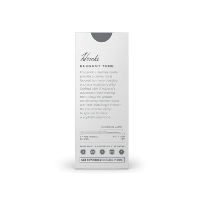 Embalagem branca e cinza para palhetas para clarinete Hemke Elegant Tone com texto descritivo