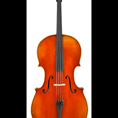 Violoncelo de madeira laranja isolado em fundo branco.