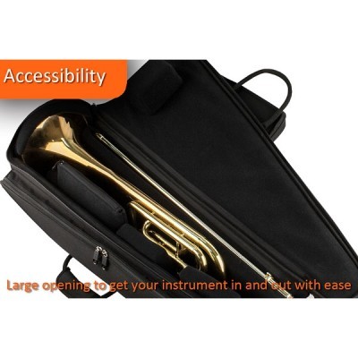 Estojo preto aberto com trombone dourado e texto 'Accessibility'