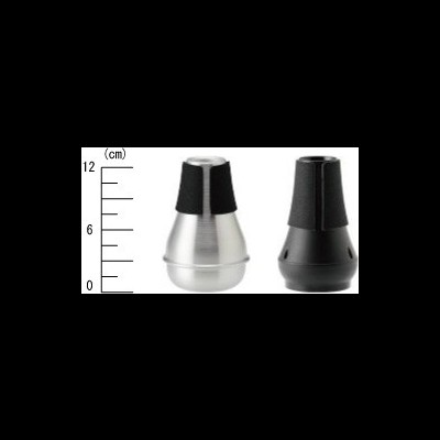 Duas surdinas para instrumentos de metal, uma prateada e outra preta, com régua ao lado.
