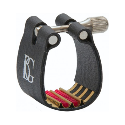 Abraçadeira para palheta de clarinete ou saxofone em metal e couro preto com parafuso