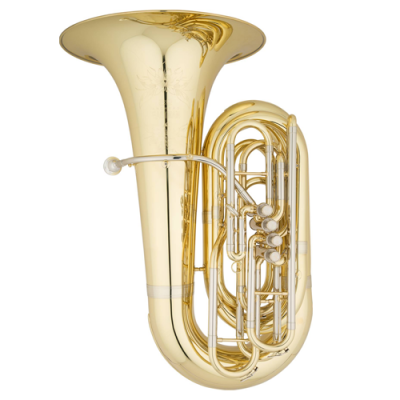 Tuba dourada de metal com pistões prateados em fundo branco