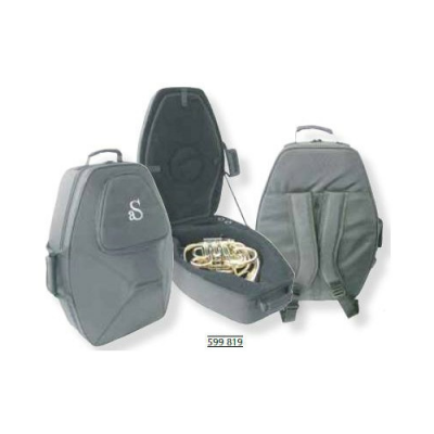 Malas cinza para transporte de trompa musical, uma aberta com trompa visível.